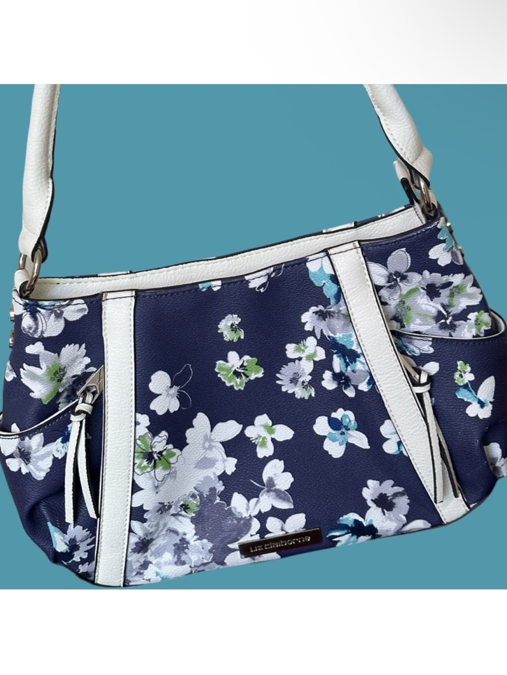 Liz Claiborne Navy Floral Shoulder Bag with White Accents - Picture 2 of 2